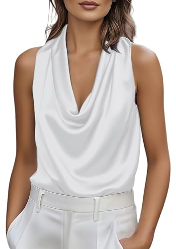 Generico Camicia Donna in Raso Senza Maniche Scollo a Cascata vestibilità Morbida Svasata Effetto Snellente Top Elegante Versatile Tinta Unita Leggera Traspirante Estiva Comoda Camicie da Ufficio