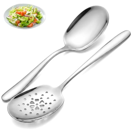 2 Pièces 21 × 6 cm Grande Cuillere Inox et Cuillère de Service Perforée | Cuillères en Acier Inoxydable, Buffet Ustensiles Cuisine, Couverts a Salade Soupe pour Réunions Famille, Hôtels, Pique Niques