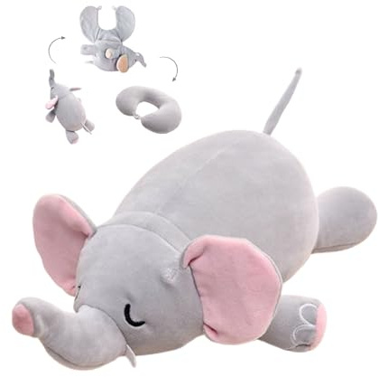 Elefant 2-in-1 Wandelbares Nackenkissen,2-in-1 Elefant Schlaf Spielbegleiter Weiches U-förmiges Nackenkissen Kinder Auto und Kuscheltier für Flugzeuge, Reisen,Züge,Büro,Ruhe,Schlaf (30*27cm,Blau)