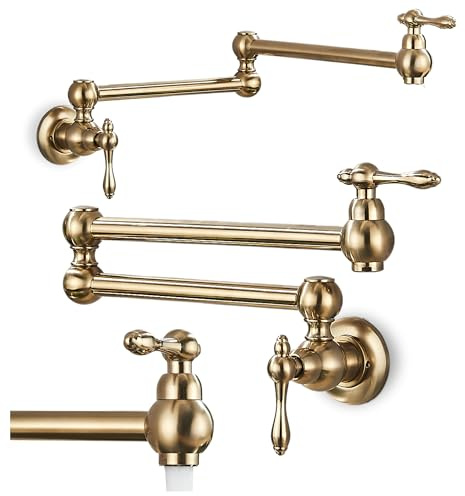 Ari Küchenarmatur Klappbar Wandmontage Messing Wand-Küchenmischer für Töpfe mit Zwei Griffen und Keramikventil Klappbare Spültischarmatur Schwenkbar für die Küche Wandanschluss 3/8 Zoll (Gold)