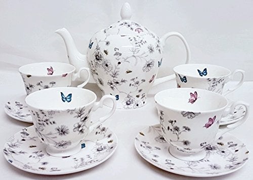 Secret Garden Tea Set 9 Piece Fine Bone China Flowers Butterflies Bees 35oz 1 Litre Teapot & 4 Cups and 4 Saucers Hand Decorated in UK