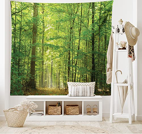 ABAKUHAUS Wald Wandteppich, Laub Wald Sommer aus Weiches Mikrofaser Stoff Waschbar ohne Verblassen Digitaldruck, 150 x 110 cm, Grün Kamel