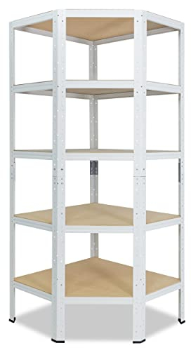 shelfplaza® 200x70x45cm HOME Eckregal Schwerlast weiß/Metallregal Eckregal stehend 5 Böden je 175kg Tragkraft/Corner Shelf Schwerlastregal Ecke/Steckregal Schwerlastregal Eckregal