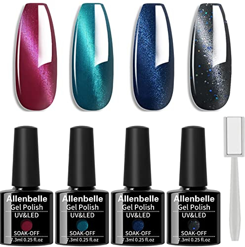 Allenbelle Gel Nail Polishes-Cat Eye Gel Nail Polish Set Soak Off Magnetic Gel Nail Polish UV LED Required(Lot of 4pcs 7.3ML/pc,magnet as gift)007