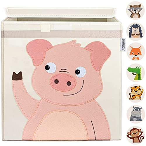 GLÜCKSWOLKE Aufbewahrungsbox Kinder - 15 Motive I Spielzeugkiste mit Deckel für Kinderzimmer I Spielzeug Box Kiste (33x33x33) zur Aufbewahrung im Kallax Regal I Bauernhof Schwein