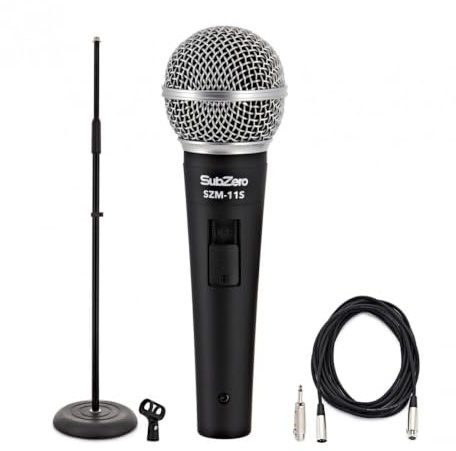 SubZero SZM-11S Dynamic Vocal Microphone with Switch, Straight Stand Pack | For stage and studio, on/off switch, detailed frequency range, tailored contour suits any voice