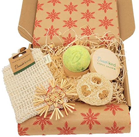 Duschkind Kosmetik Geschenk-Set festes Shampoo 4in1 natürliche Frische mit Brokkolisamenöl für alle Haartypen Vegan 100% Plastikfrei 56 g mit Aufbewahrung Sisalsäckchen und Luffascheibe