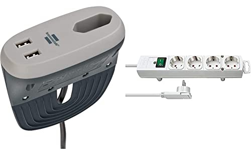 brennenstuhl Estilo Sofa-Steckdose mit USB-Ladefunktion anthrazit/grau & Comfort-Line Plus, Steckdosenleiste 4-Fach (Steckerleiste mit Flachstecker und Schalter, Mehrfachsteckdose mit 2m Kabel) weiß