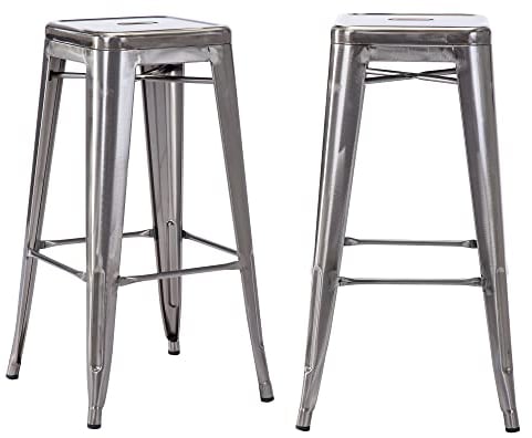 Duhome Barhocker Eisen Barstühle 2er Set, Sitzhöhe 76cm Tresenhocker, Stapelbar Metall Bistrohocker mit Fußstütze im Industry Design, Metallic