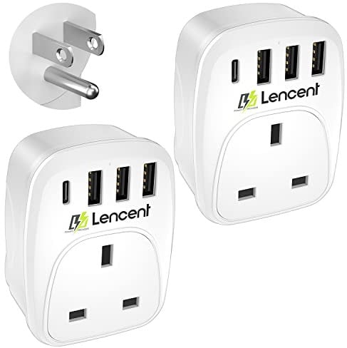 LENCENT 2 Packs UK to US Plug Adapter with 3 USB Ports and 1 Type C, Grounded America Travel Adapter for USA Mexico Canada Thailand and More (Type B)