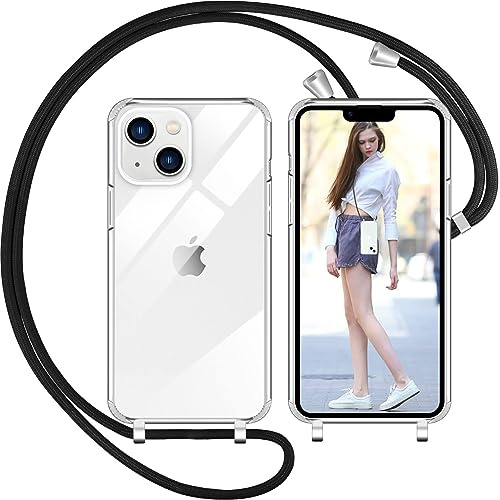 Nupcknn Handykette für iPhone 14 Plus TPU Bumper+PC Back Necklace(abnehmbar) Transparent Hülle mit Kordel zum Umhängen und Schutzhülle mit Band(Schwarz,6.7)