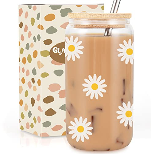 GSPY Gänseblümchen-Bierdosen-Glas – Eiskaffee-Tasse Glas, Gänseblümchen-Glasbecher, 473 ml Kaffeetasse – Glas-Trinkbecher, Dosenform-Glasbecher mit Deckel & Strohhalm – Valentinstag, Freundin, Sie