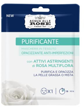 Acqua Alle Rose, Maschera Viso in Tessuto Purificante, Maschera Opacizzante Anti Imperfezioni, Purifica e Opacizza la Pelle Grassa o Mista, Ingredienti Naturali , 1 Maschera Viso