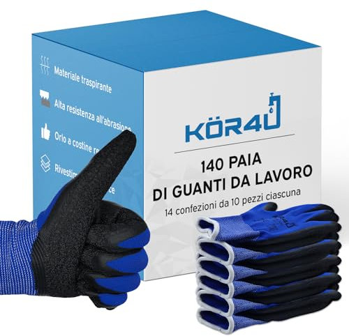 kör4u 140 Paar Arbeitshandschuhe, atmungsaktiv und beschichtet, als Schutzhandschuhe geeignet, guter Grip, mit hochwertiger Latex-Beschichtung, hoch elastisch