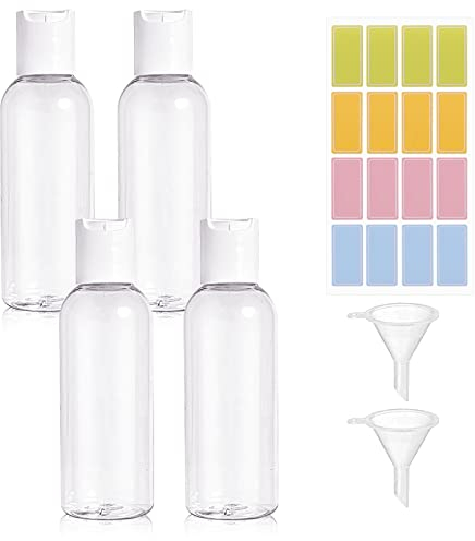 Ailvor 100ml Travel Bottles, Bottles for Toiletries Empty Refillable, 4pcs Clear Container with 2 Funnels and Colorful Labels, Plastic Shampoo Lotions Cosmetics, (A-RYP-7)