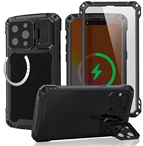 qichenlu Extrem Leicht Aluminium Outdoor Case kompatibel mit iPhone 14 Pro Max,mit Magnettechnik,Magnetische 360 Grad Hülle mit Displayglas Kameraschutz Ständer,Schwarz