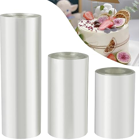 Fousenuk Rhodoid Patisserie, 3 Rouleaux Rodoide Transparent Patisserie 8cm/10cm/15cmx10m, Rhodoïde Feuille, Transparent Patisserie Film Bordure Gâteau Réutilisable en Acétate pour Entourer Les Gâteaux