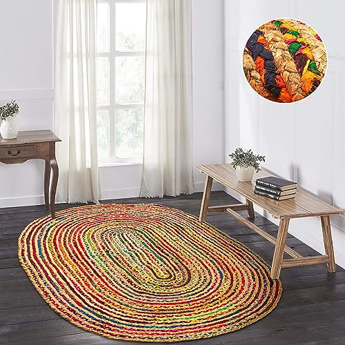Jute-Chindi-Teppich, oval, 10.2x15.2 cm, ovaler Boho-Teppich, rutschfester Teppichgriff, wendbar, natürlicher recycelter Jute-Teppich, ovale Jute, Geschenk, bunte Badezimmerteppiche