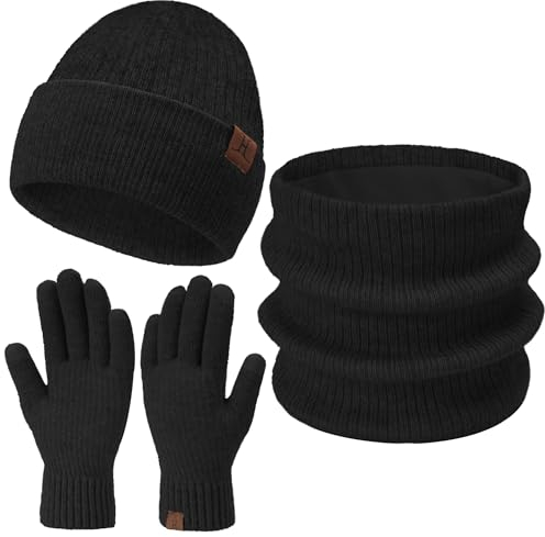 Damen Herren Winter Warm Beanie Mütze Loop Schal Schlauchschal Touchscreen Handschuhe Set mit Fleece Gefütterte Wintermütze Strickmütze Mützen Frauen Geschenk Weihnachten, (3 Stück) Schwarz