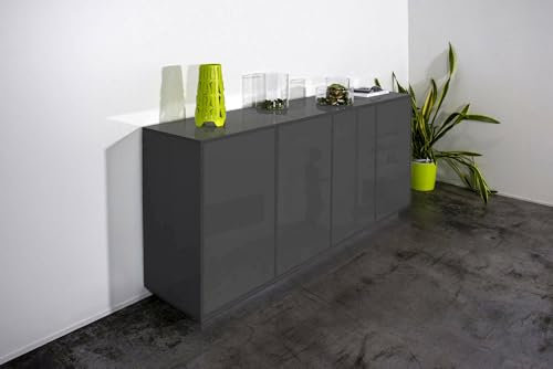 Dmora - Buffet Virgilio, Buffet de Cuisine 4 Portes, Buffet de Salon, 100% Made in Italy, 180x41h86 cm, Anthracite Brillant