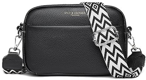 Crossbody Bag Damen, Echtes Leder Umhängetasche Damen Klein Mode Crossbody Bag Breiter Gurt, Tasche Damen Umhängetasche Schultertaschen für Arbeiten Einkaufen Dating Reisen, Schwarz