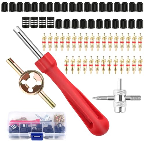 XIEJ Reifenventilentferner, 4 Wege Ventilschlüssel, Autoventil Ausdreher Reifenventil Werkzeug, 34 Stück Fahrradventil Reifenventil Ventilkappen, 30 Stück Ventilkerne, Ventilreparatur