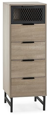 HOMN LIVING Commode Haute Hera 4 tiroirs 1 Porte Couleur Bois, Pieds métal, 40 cm (Largeur) 40 cm (Profondeur) 112 cm (Hauteur)