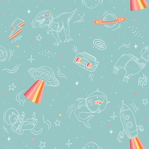My Kingdom Children's Space Explorer Wallpaper - Turquoise Orange Planets Dinosaur Animals - Modern Paste The Wall