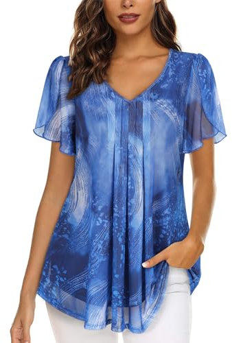 ACDAY Ladies Blouses and Tops Dressy, Women Blouses Casual Short Sleeve Ladies Tops Elegant V Neck Tunic Shirt Summer Floral Pleated Mesh Layered Top Swing Long Shirts To Wear With Leggings Blue