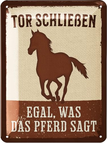 LANOLU Retro Blechschild PFERDE Schild - TOR SCHLIEßEN - Geschenke für Pferdeliebhaber und Reiter, Boxenschilder mit Spruch, Bauernhof Dekoration und Farm Dekor, vintage Metallschild 15x20cm