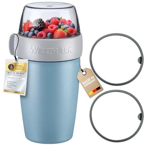 Westmark Müslibecher/Lunchpot Set – 2 auslaufsichere Fächer: 200 ml +500 ml, 2 Ersatzdichtungsringe, natürlich BPA-frei – Blau/Grau/Klar, 528522EB