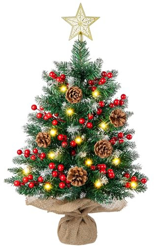 N&T NIETING Mini Christmas Tree with Lights, 61CM Table Top Tree with Star Tree Topper, Snow Flocked Artificial Xmas Tree for Home Office Desktop Party Indoor Christmas Decorations(Green)