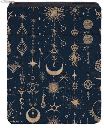 NICENEEDED Book Cover with Zipper, Stars Moon Book Sleeve, Front Pocket Book Protector for Notebooks Hardcover/Paperback