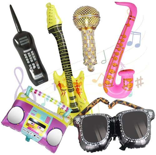 6Pcs Photo Booth Props, Inflatable Party Props with Inflatable Guitar Saxophone Sunglasses Microphone Radio Boombox, Inflatable Props Ballons for 70s 80s 90s Carnival Disco Themed Party Supplies