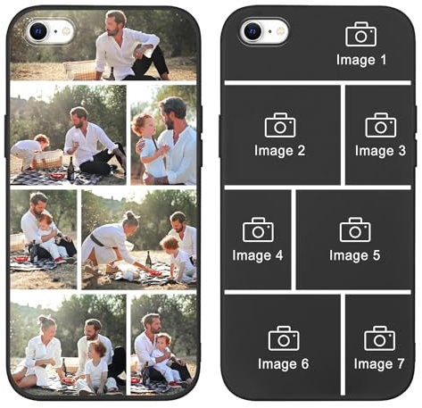 Yoedge Personalised Phone Case for iPhone 8/SE 2022/7/SE 2020 4.7 inch, Custom Photo Design Flexible Soft Silicone Customized Rubber Shockproof Cover, Personalize with 7 Image Collage for Girls, Black