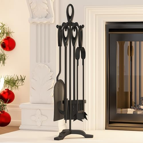 Kingson Juego de 5 piezas para chimenea de hierro fundido, color negro, 19,5 x 17 x 61 cm, kit de herramientas duradero para chimenea