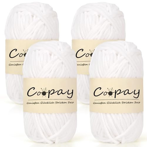 Coopay Chenille Chunky - Lana per uncinetto, 4 gomitoli spessi da 50 g, per lavori a maglia, super soffice, per coperta, filato di ciniglia grosso per cappelli, sciarpe, calze, borse, colore: bianco
