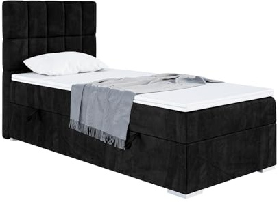 MEBLINI Boxspringbett mit Bettkasten - Gepolstert Einzelbett mit Matratze und Topper - Polsterbett mit Stauraum - Bett mit Kopfteil - Stauraumbett - Lukas - 100x200 Links - H4/Schwarz Samt