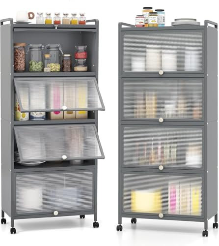 GIANTEX Armoire de cuisine en métal avec 4 compartiments, 60 x 32 x 154 cm, 4 portes rabattables, en PC, armoire de rangement avec 4 roulettes avec kit anti-retournement, pour cuisine, salle à manger