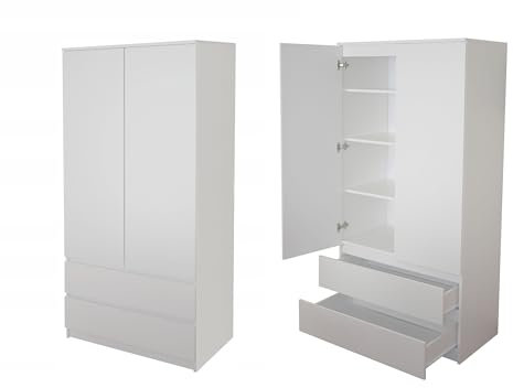 Home Collective Armoire blanche - Hauteur : 180 cm - Largeur : 90 cm - Avec 2 tiroirs, 3 étagères et tringle à vêtements - Armoire en bois - Pour chambre à coucher, couloir, cave, bureau