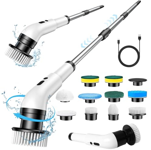 Auveach Electric Spin Scrubber Electric Cleaning Brush with 10 Replaceable Heads 3 Speed Adjustable 350-450RPM/Mins IPX7 Waterproof with 140 cm Extendable Handle Adjustable for Bathroom Kitchen Car