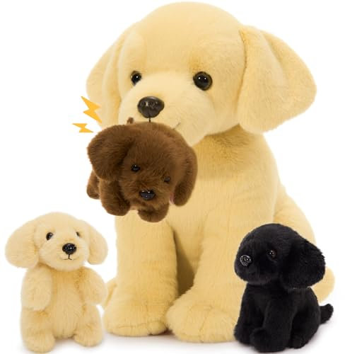MorisMos 30cm hoch sitzend Labrador Kuscheltier mit 3 welpen im Bauch, weich süß Plüsch Labrador Hund Stofftier Plüschtier, Labrador Puppe Geburtstag Geschenk für Kinder Baby
