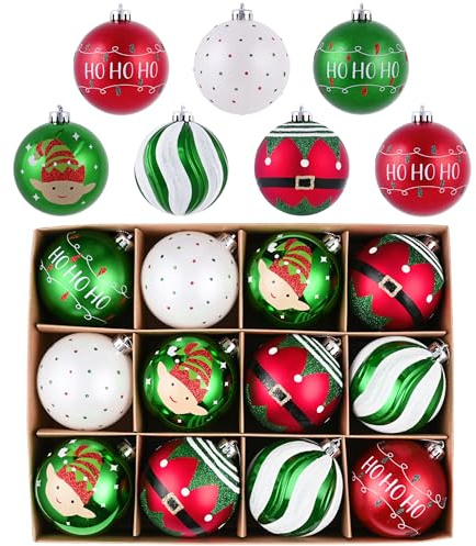 Victor's Workshop Weihnachtskugeln für Weihnachtsdeko,12 Stück 6cm Christbaumkugeln mit Geschenkpaket, Weihnachtsbaumschmuck Christbaumschmuck mit Aufhänger,Thema Rot Grün Weiß(M)