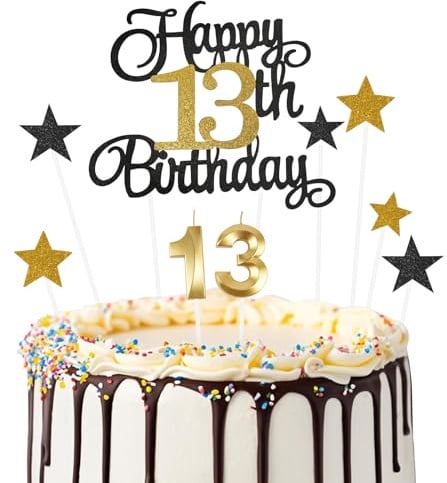 Ainiv Geburtstagskerzen Zahlen 13, Tortendeko zum 13. Geburtstag, 13. Geburtstag Kuchendeko für Jungen Mädchen, Schwarzes Gold Stern-Herz-Tortenaufsatz für Party, Cupcakes, Desserts und Gebäck