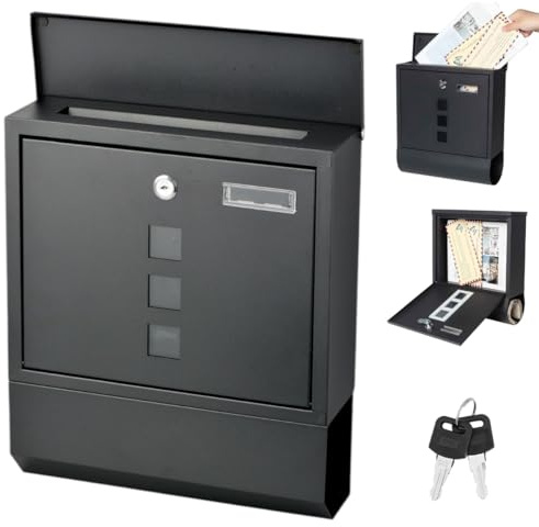 Wall Mounted Letter Box 35H x30W x10D Cm – Waterproof Lockable Galvanized Mail Box with 2 Keys, Nameplate, 3 Viewing Windows & Newspaper Compartment - Post Box Outside For Home & Office - Black