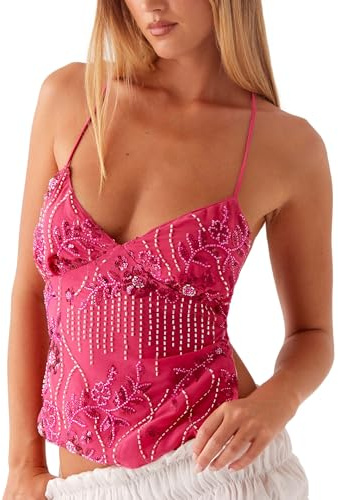 Moollyfox Sommer Tops Y2K Damen – Neckholder Crop Tops mit Pailletten, Glitzerndem Blumenmuster & Perlenverzierung – Sexy Backless Top, Camisole Top