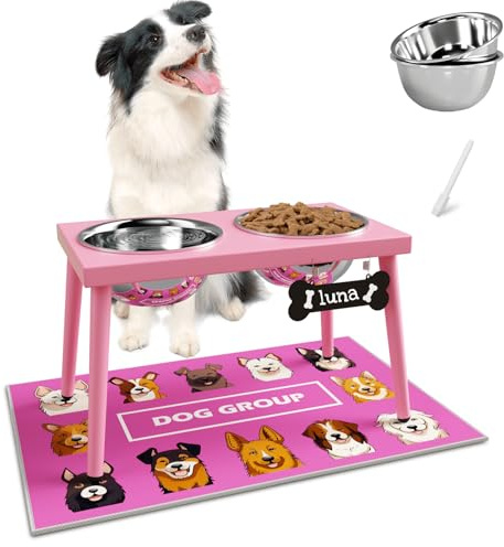 ADENGL Support surélevé pour chiens de grande et moyenne taille, gamelles surélevées avec tapis anti-éclaboussures et deux gamelles en acier inoxydable de 1,6 l, rose