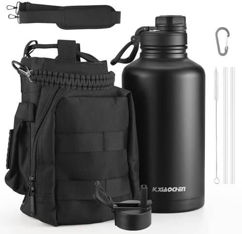 KXIAOCHEN 64oz Water Bottle with Sleeve,Stainless Steel Water Bottle with Carrier Bag,2 Lids (Straw and Handle Lid),Wide Mouth Metal Water Bottles Keep Hot and Cold, Triple Walled