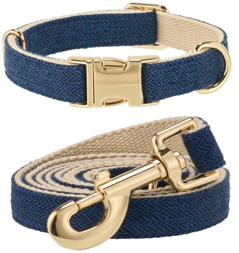 YUDOTE Hundehalsband und Leine Set Mittel, Weiche Reizfreie natürlicher Baumwolle mit Twillgewebe für Hund mit empfindlicher Haut, Marineblau