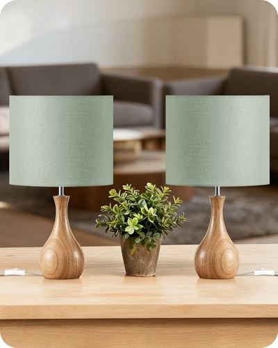 GOEBLESON Sage Green Table Lamp, Bedside Lamps Set of 2, Wood Table Lamp | Table Lamps for Living Room, Bedroom Lamps Set of 2 with Sage Green Shade, E27 Base, Bulb Included, Light for Entryway Office
